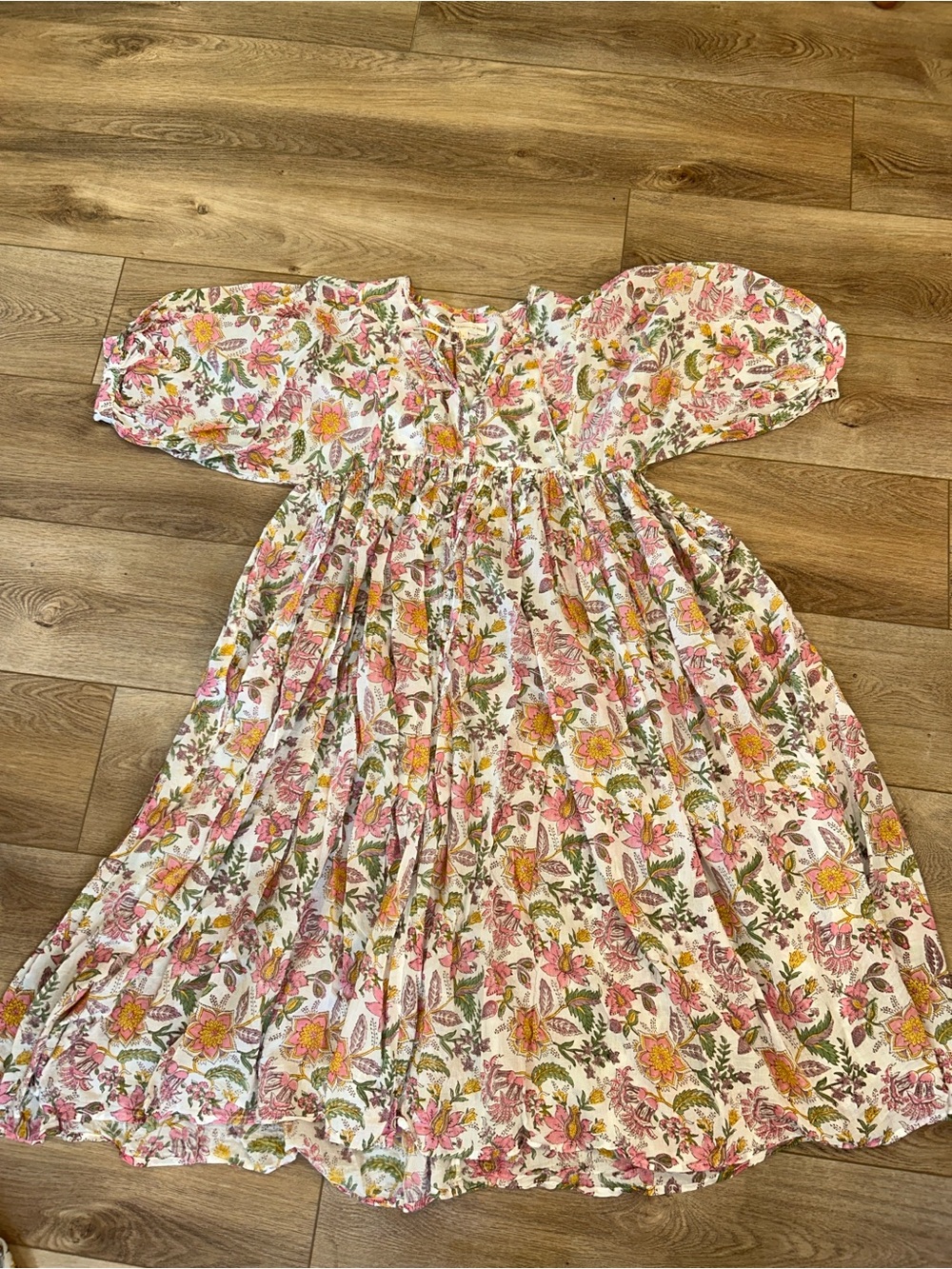 Womens Floral Puff-Sleeve Summer Flowy Maxi Dress pockets - Pink & Yellow